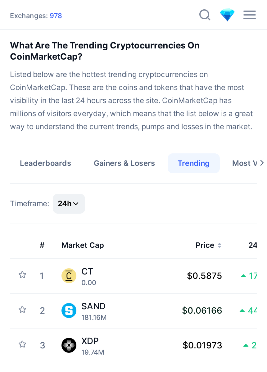 CoinMarketCap trending board with heading, navigation and token rows