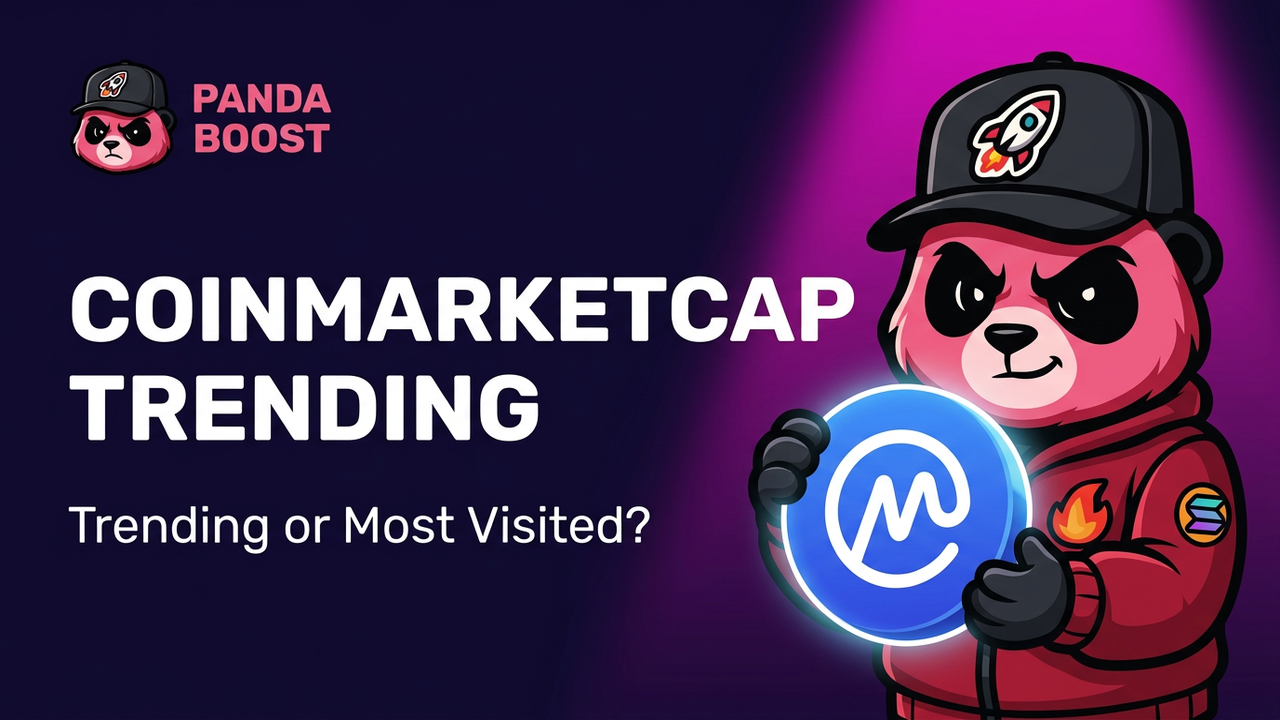 PandaBoost panda mascot beside a CoinMarketCap Trending leaderboard panel under a COINMARKETCAP TRENDING headline