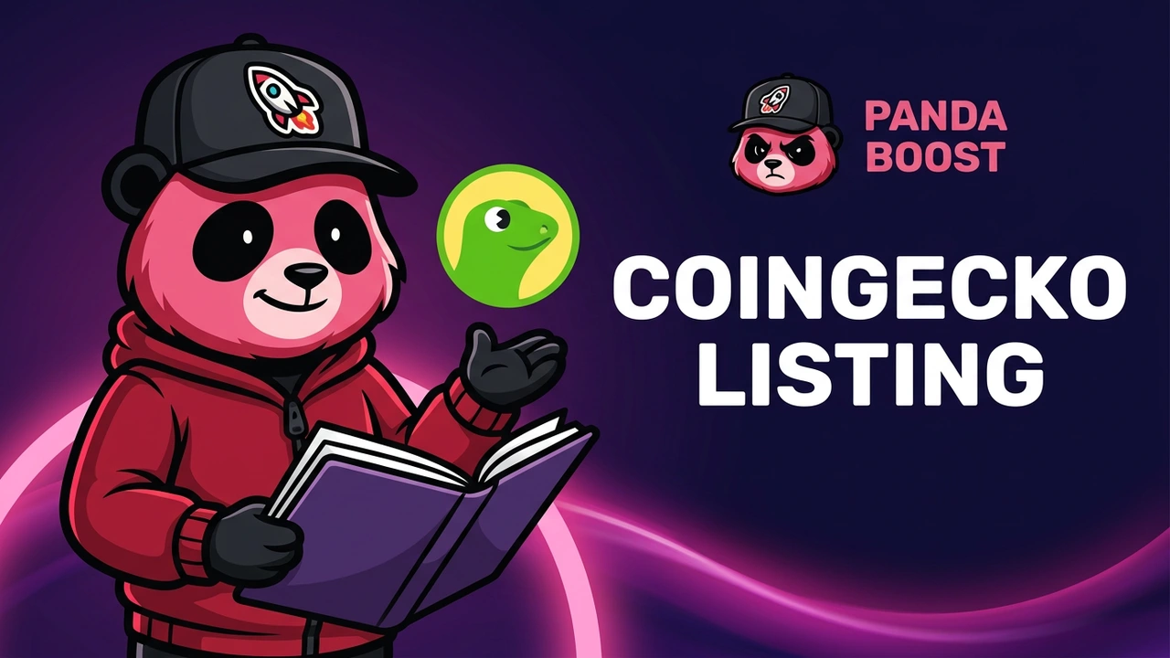 PandaBoost mascot holding open documents beside the CoinGecko emblem and listing headline