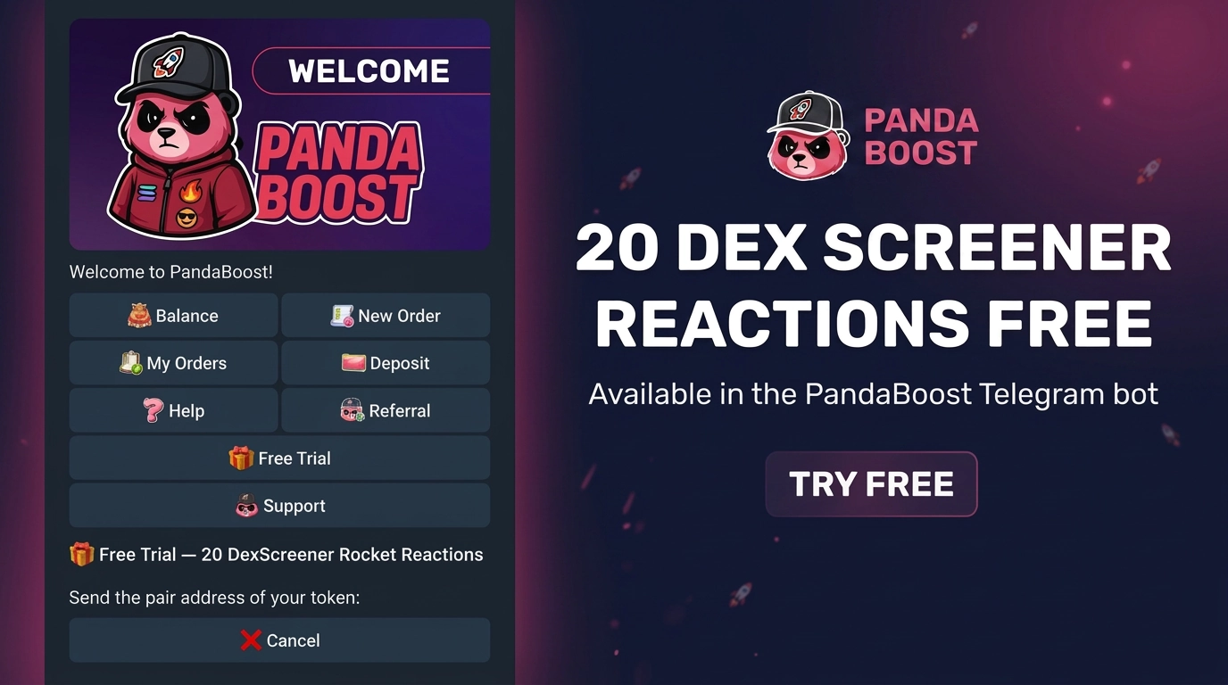 PandaBoost Telegram bot Free Trial screen offering 20 free DEX Screener Rocket reactions