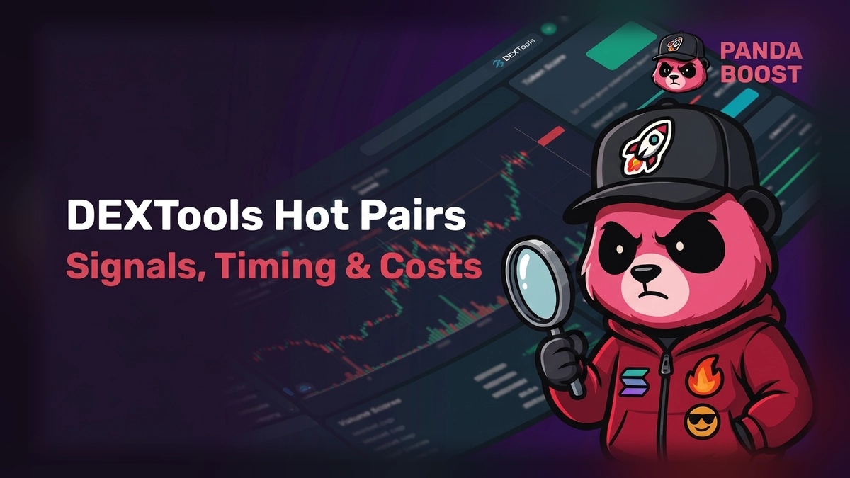 PandaBoost DEXTools Hot Pairs guide with the panda mascot inspecting ranking signals on a DEXTools chart