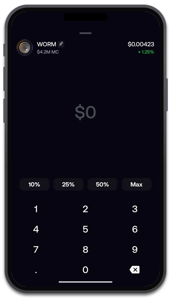 Fomo app amount-entry screen for the WORM token with percentage shortcuts and a numeric keypad
