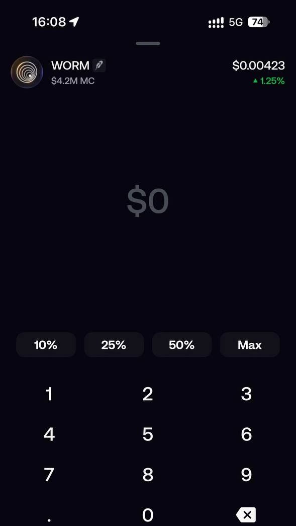 Fomo app amount-entry screen for the WORM token with percentage shortcuts and a numeric keypad