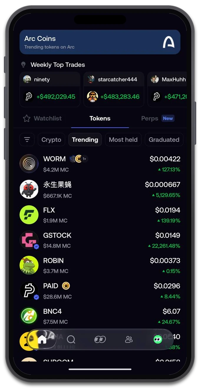 Fomo app home screen with Arc Coins banner, Weekly Top Trades row and the Tokens Trending list