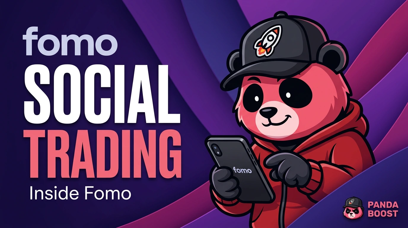 PandaBoost panda holding a phone beside the Fomo social trading title on a purple background