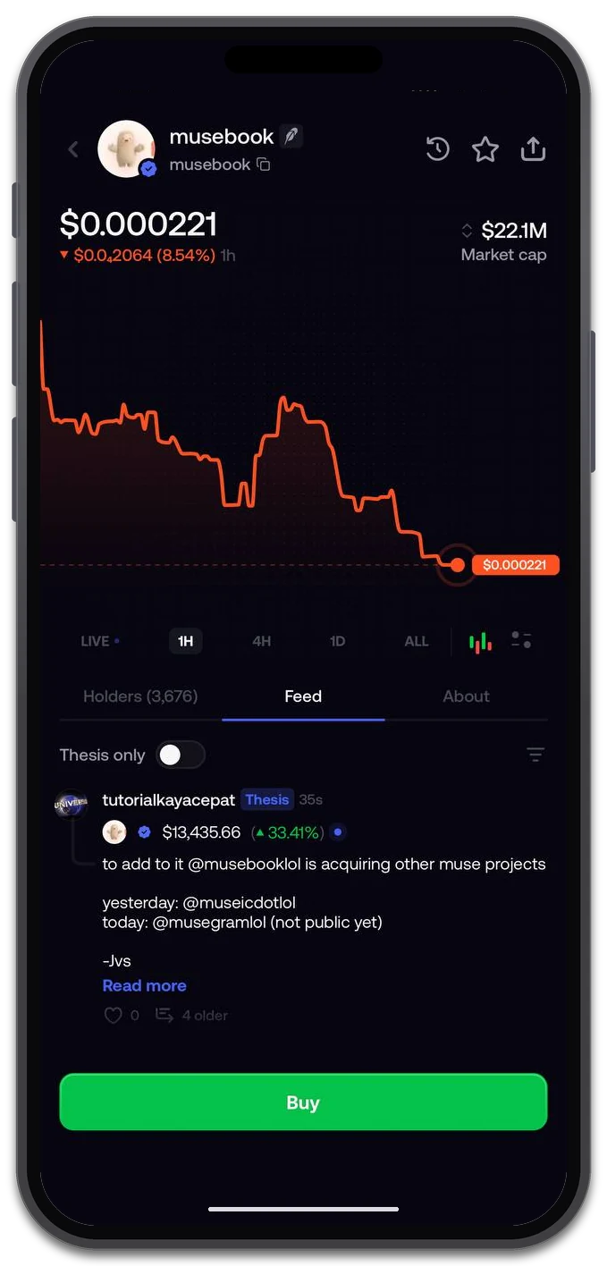Fomo token page in a phone mockup showing a chart, holder count, Feed and About tabs and a Buy button