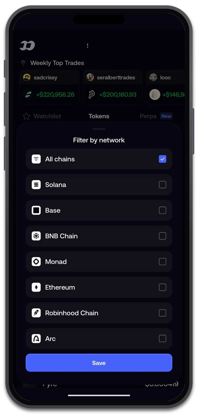Fomo filter-by-network panel in a phone mockup with All chains selected