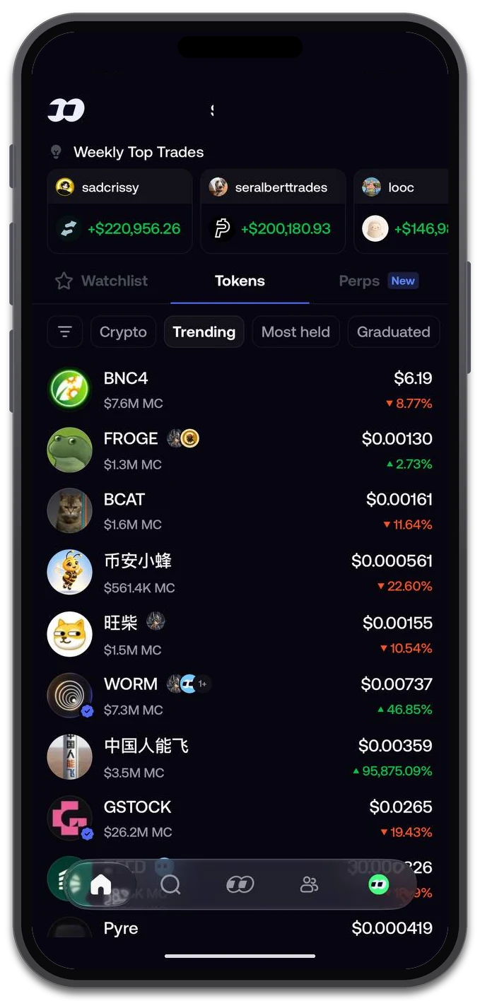 Fomo Tokens section in a phone mockup with Trending selected and Weekly Top Trades above the token list