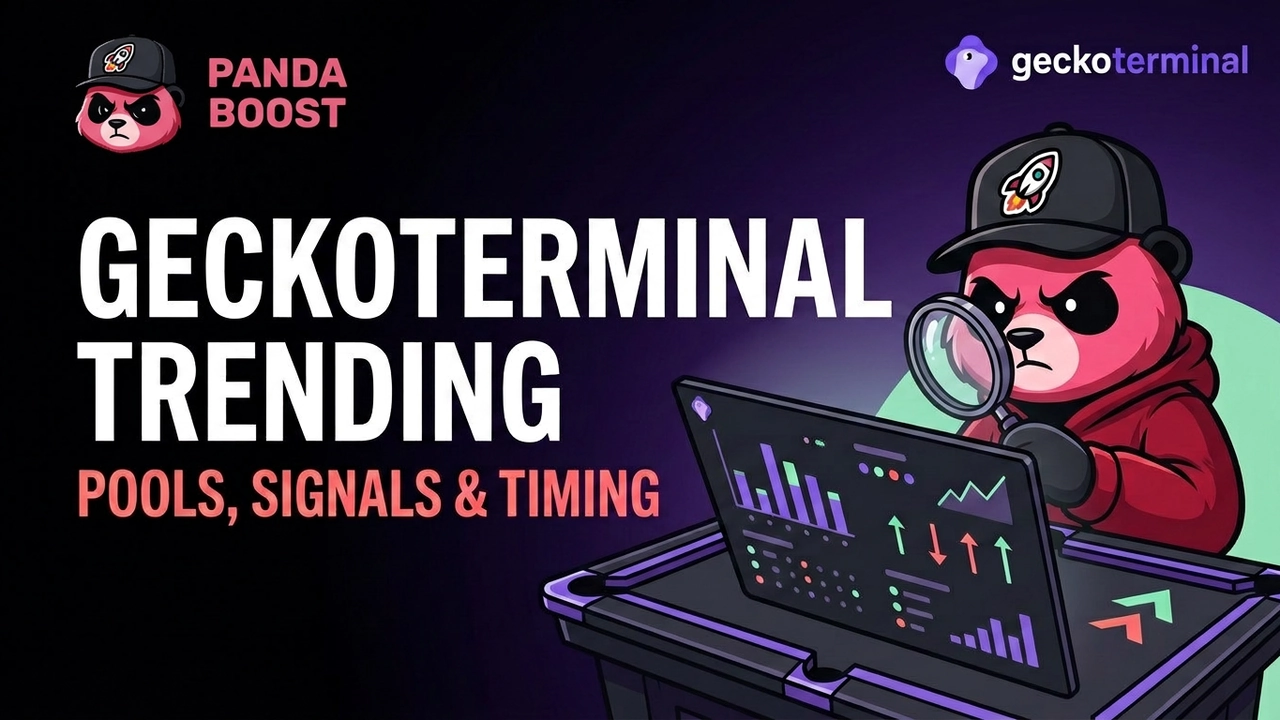 PandaBoost mascot investigating GeckoTerminal Trending pool signals and timing