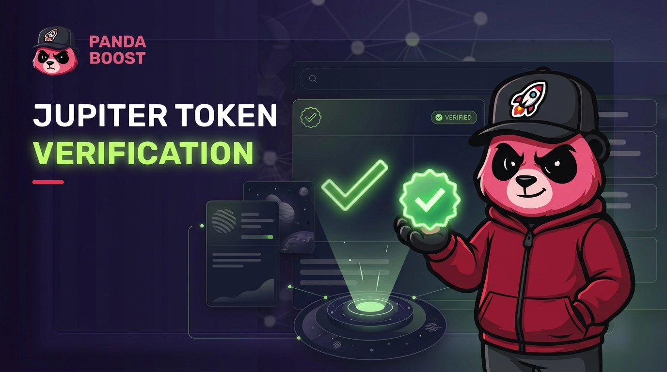 Jupiter Token Verification guide with PandaBoost mascot holding a green verified badge