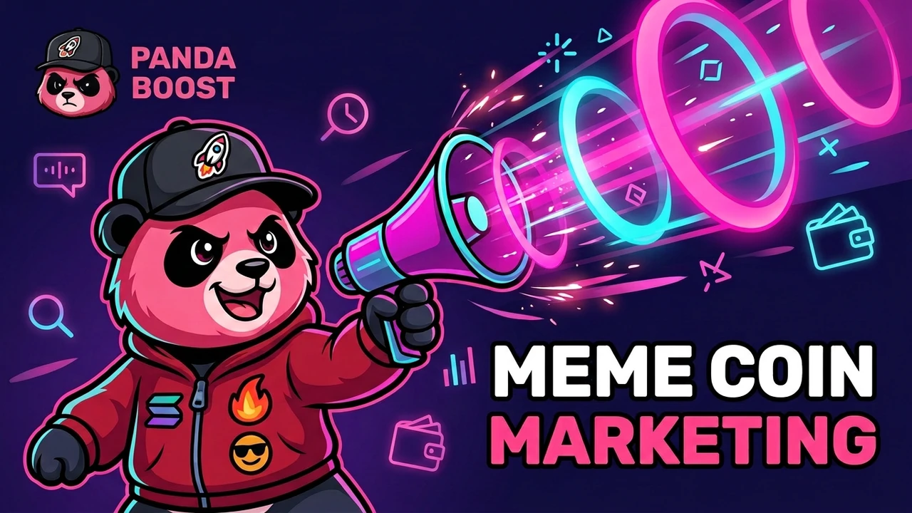 PandaBoost mascot using a megaphone to broadcast meme coin marketing signals