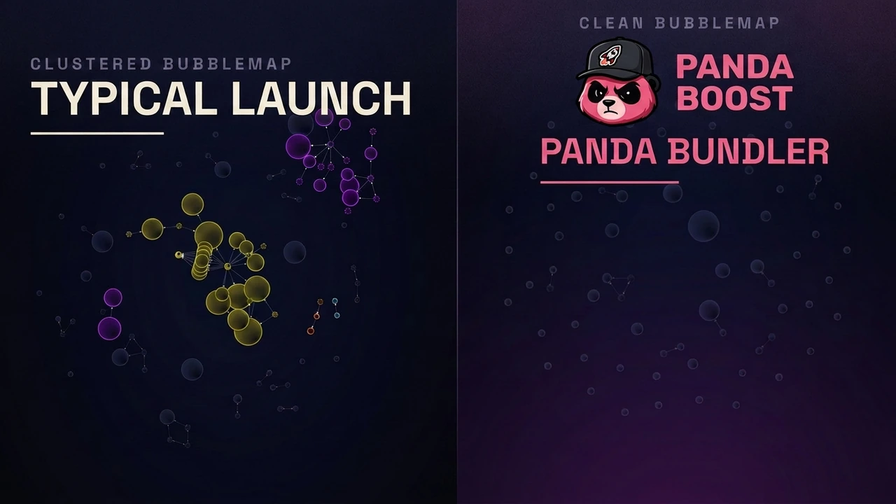Comparison of a clustered Bubblemaps pattern in a typical launch and a cleaner Panda Bundler wallet distribution