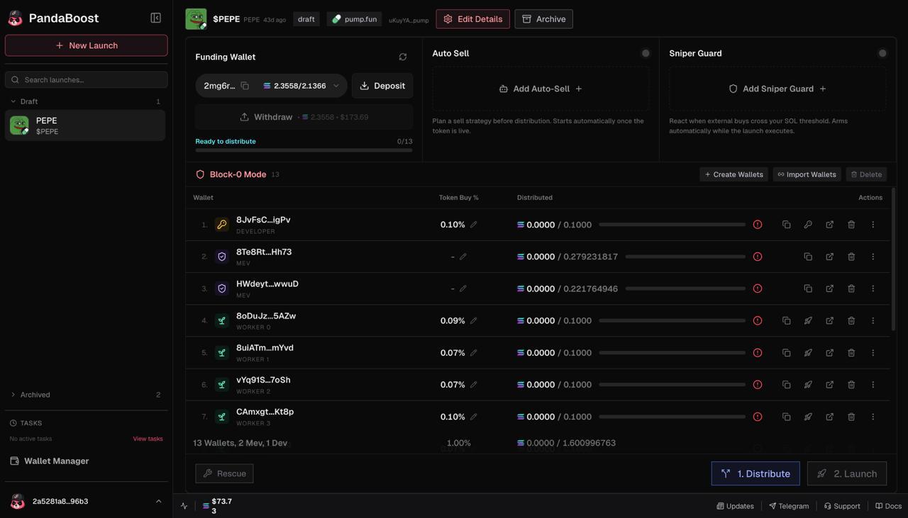 Panda Bundler launch workspace showing funding, wallet distribution, and launch controls