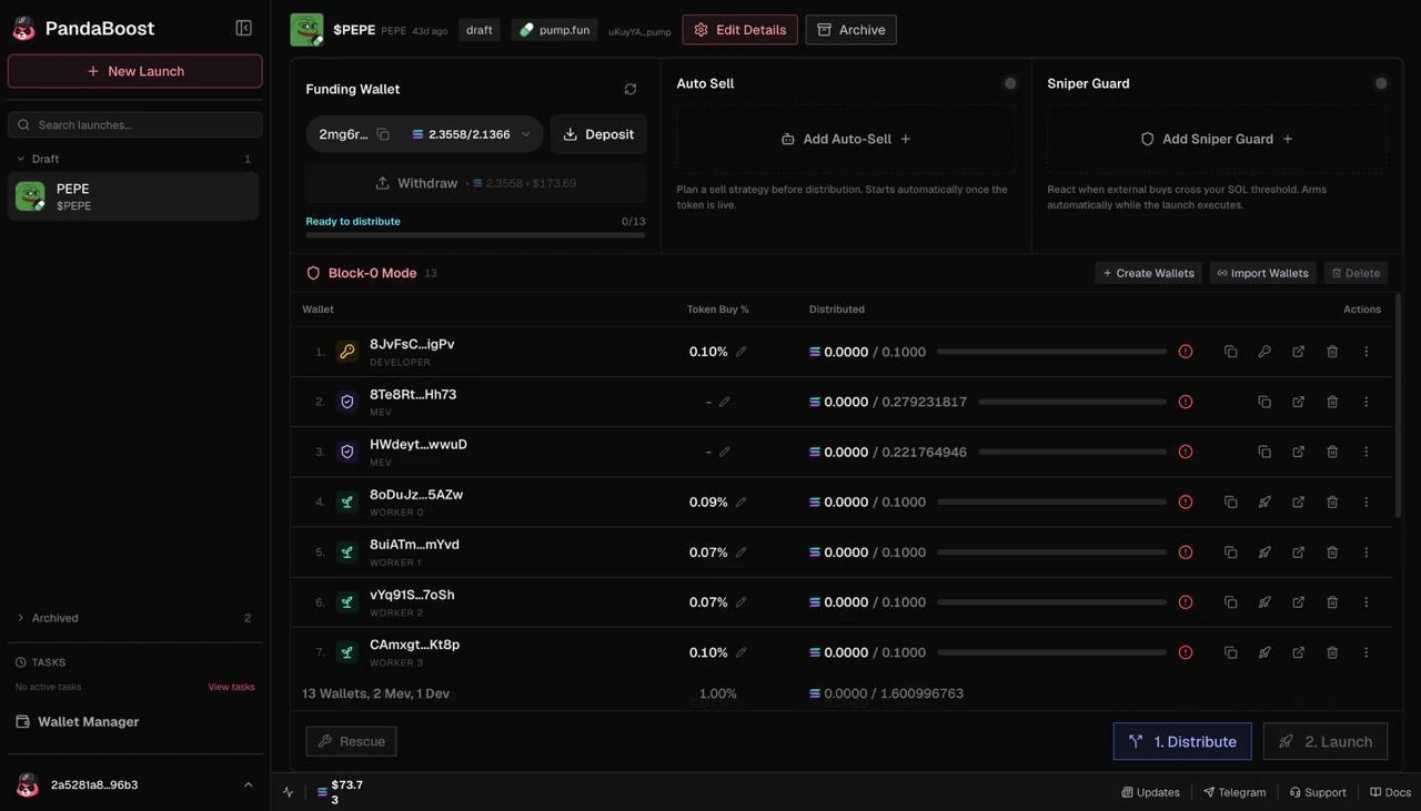 Panda Bundler launch workspace with funding, wallet allocation, Block-0 Mode, Distribute, and Launch controls