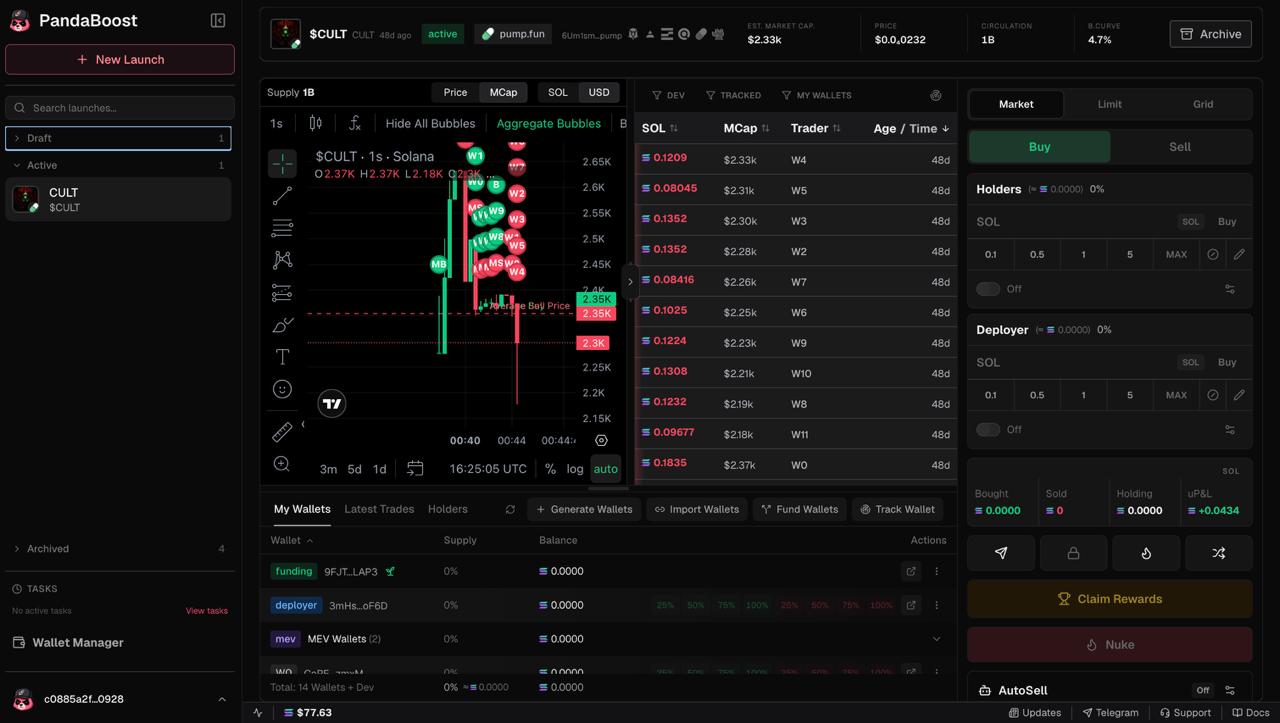 Panda Bundler web terminal with launch list, native chart, wallet controls, trading panel, and AutoSell
