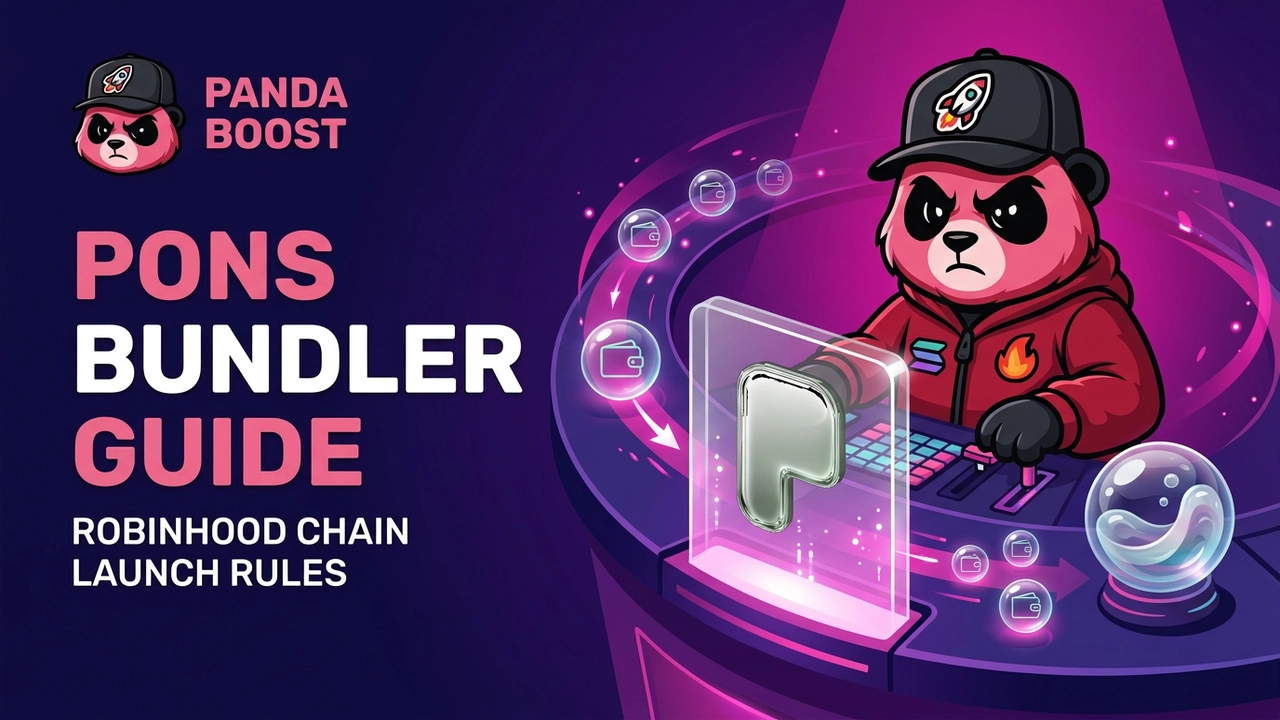 PandaBoost mascot operating a Pons bundler workspace for a Robinhood Chain token launch