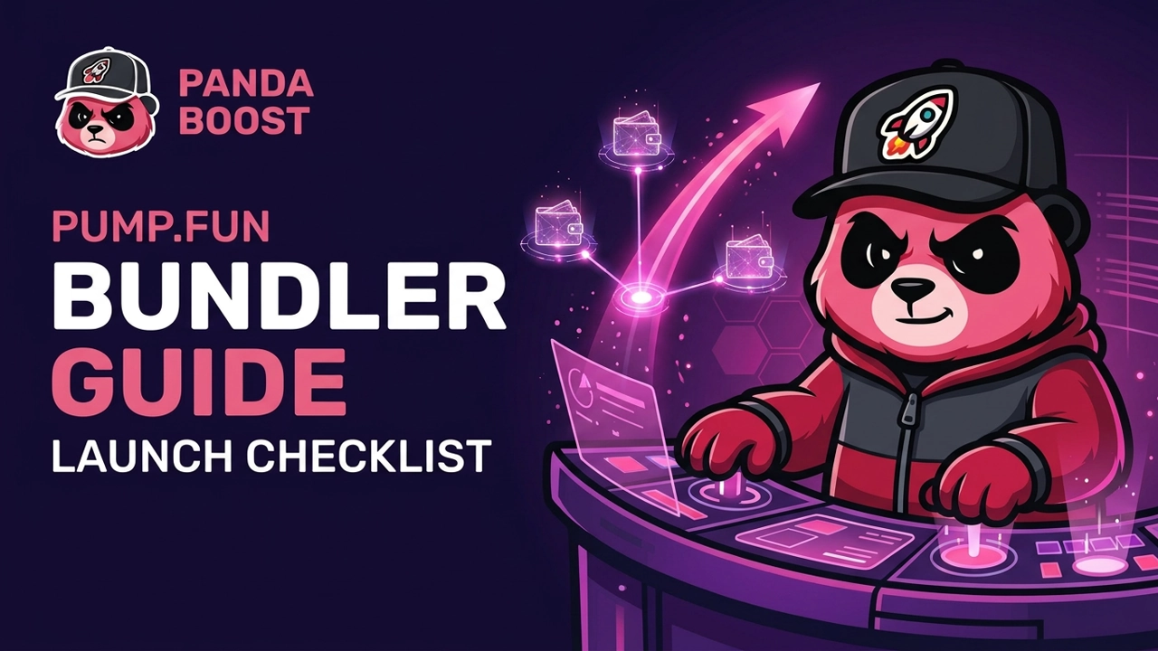 PandaBoost mascot operating a launch console with bundled wallet nodes and a Pump.fun launch checklist