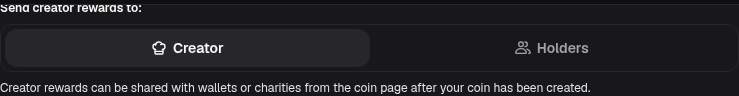 Pump.fun coin creation form showing the Send creator rewards to selector with Creator selected