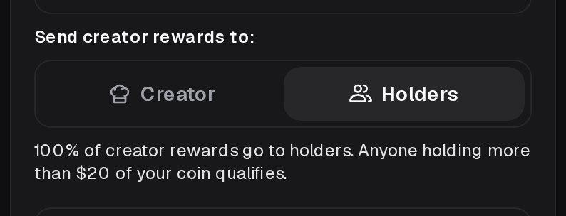 Pump.fun creation form: Holders selected, with the eligibility threshold above $20