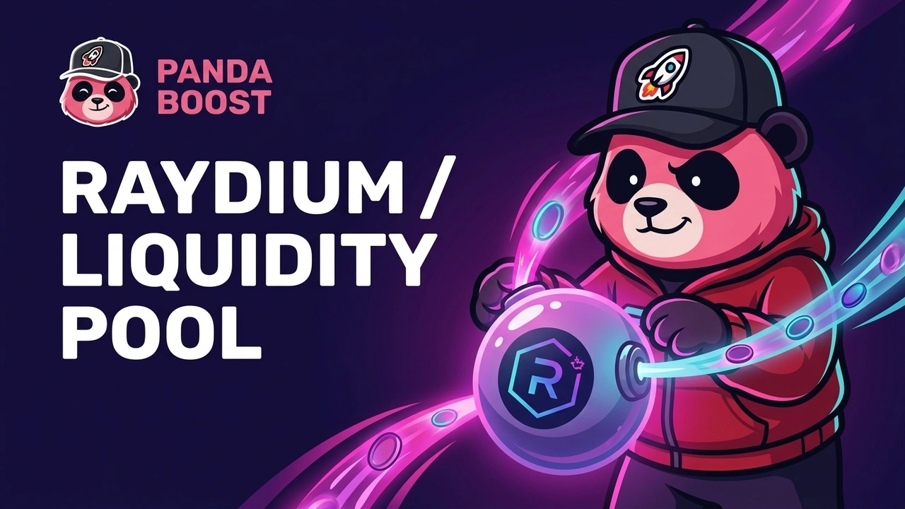 PandaBoost panda holding a Raydium liquidity orb beside the Raydium Liquidity Pool headline
