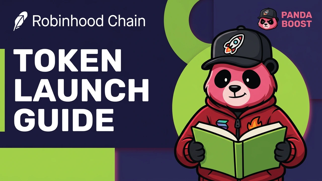 PandaBoost panda reading a green guidebook beside Robinhood Chain Token Launch Guide title