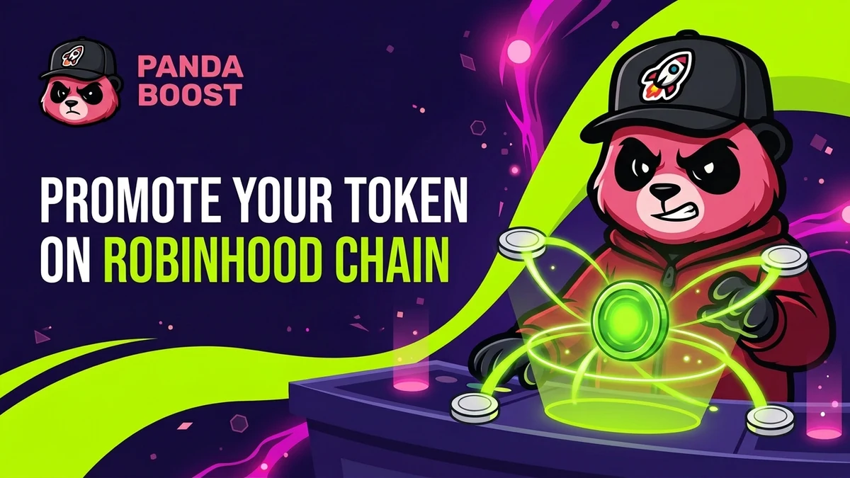 PandaBoost mascot directing Robinhood Chain token visibility across four glowing discovery nodes