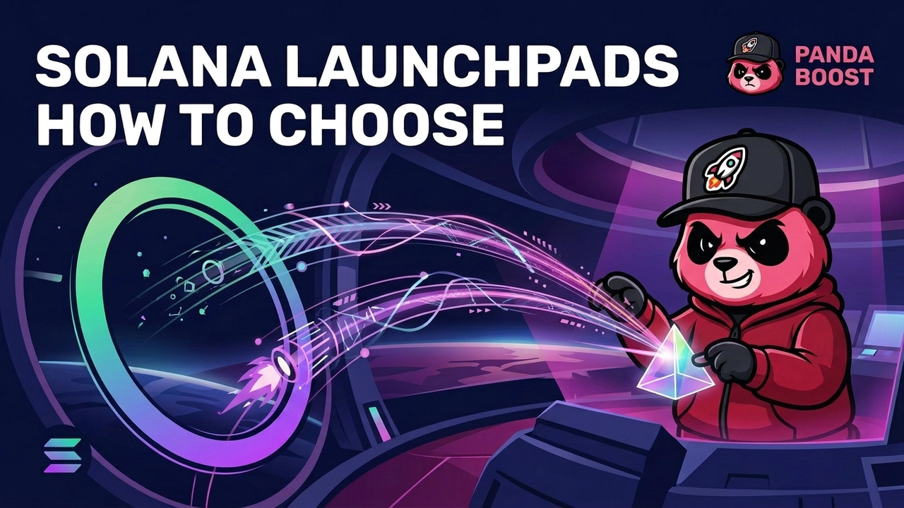 PandaBoost mascot comparing Solana token launch paths from a launch control console