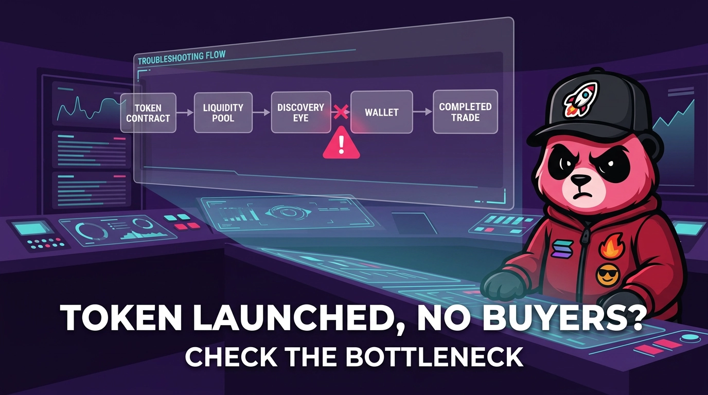 PandaBoost token launch troubleshooting flow showing a bottleneck between discovery and wallet conversion