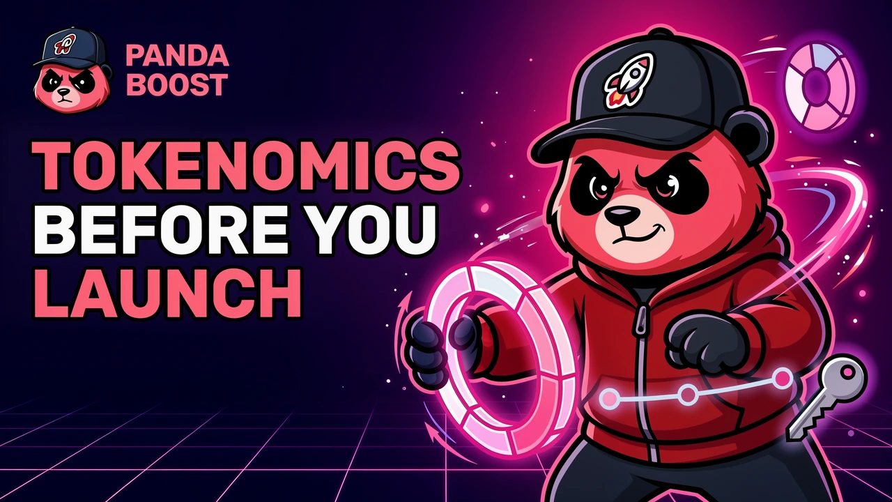 PandaBoost mascot assembling supply, allocation, vesting, and authority controls before a token launch